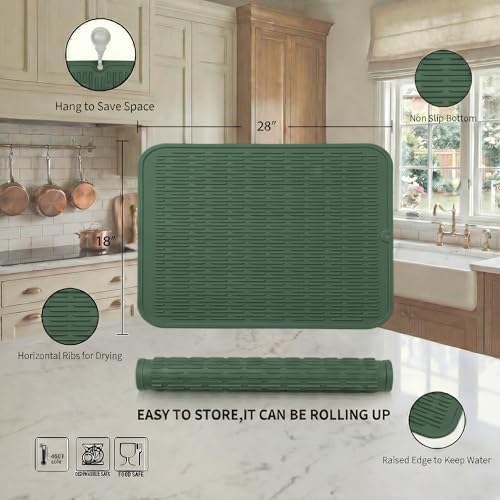 MicoYang Silicone Dish Drying Mat for Multiple Usage,Easy clean,Eco-friendly,Heat-resistant Silicone Mat for Kitchen Counter or Sink,Refrigerator or Drawer Liner Green 3XL 28 inches x 18 inches - Image 2