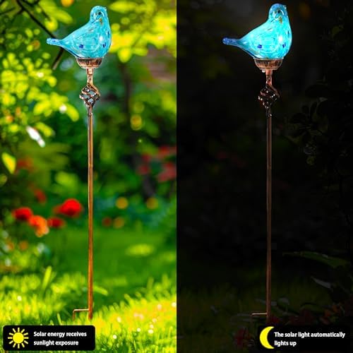 Decorative Solar Lights, Outdoor Solar Bird Stake Lights, Hand Blown Glass Decorative Garden Pathway Lights Outdoor Waterproof Glass Stakes (Light Blue) - Image 7