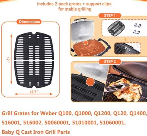 Uniflasy 7644 Cast Iron Grill Grates for Weber Q100, Q1000, Q120, Q1200, Q1400, 516001, 516002, 50060001, 51010001, 51060001, Baby Q Gas Grill, 2 Pack - Image 4