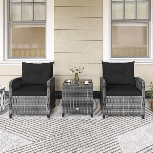 KOTEK 3 Piece Patio Furniture Set, Outdoor PE Rattan Conversation Set with Washable Cushions & Tempered Glass Tabletop, Wicker Chairs and Table Set for Porch, Garden, Balcony (Black) - Image 7