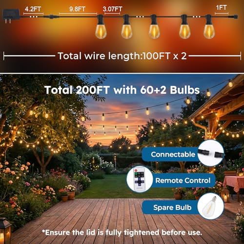 GvvooHome 200FT S11 LED Outdoor String Lights with App & Remote, Low-Voltage Patio Lights with Music Sync, 4 Lighting Modes, Dimmable, Waterproof LED Outdoor Lights for Backyard, Porch, Deck, Garden - Image 7