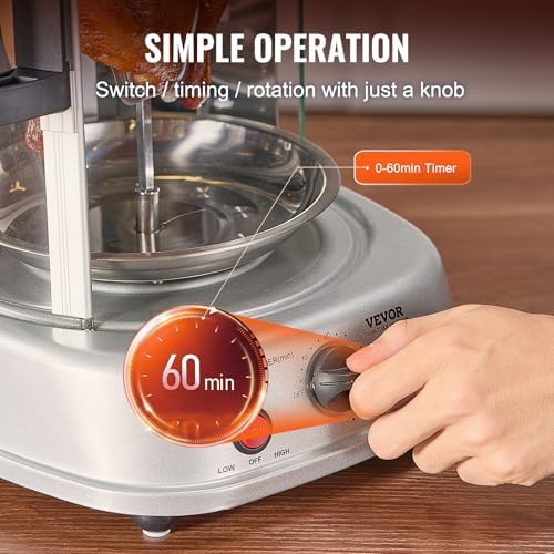 VEVOR Shawarma Grill Machine, Vertical Chicken Shawarma Cooker Machine Countertop, Electric Stainless Steel Broiler Gyro Rotisserie Oven Doner Kebab Machine, for Home Restaurant Kitchen Parties - Image 4