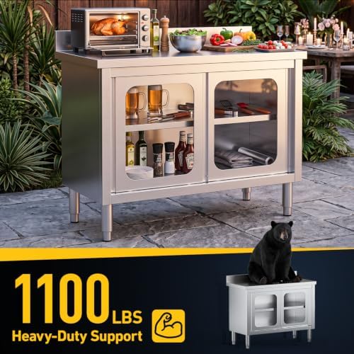 47“ Stainless Steel Work Table with Cabinet, Glass Door Storage Cabinet - Image 5