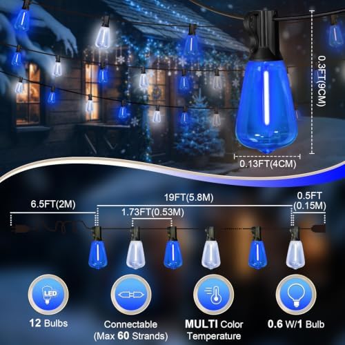 LAMPHOME 26Ft ST38 Blue White Outdoor String Lights, Patio Lights with 12+1 ST38 Edison Bulbs, LED Shatterproof String Lights for Outside Bistro Patio Christmas Party Decorations - Image 3