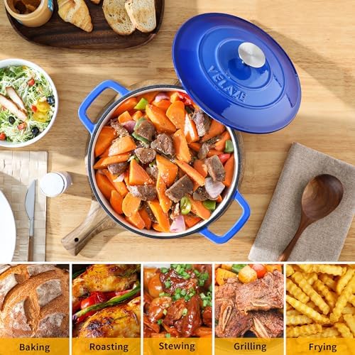 Velaze 6 QT Enameled Cast Iron Dutch Oven Pot with Lid, Blue - Image 6