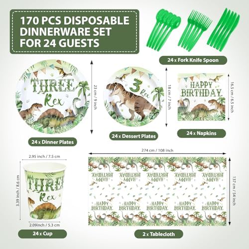 170Pcs Dinosaur 3rd Birthday Party Decorations for Boys, Serves 24 - Image 2