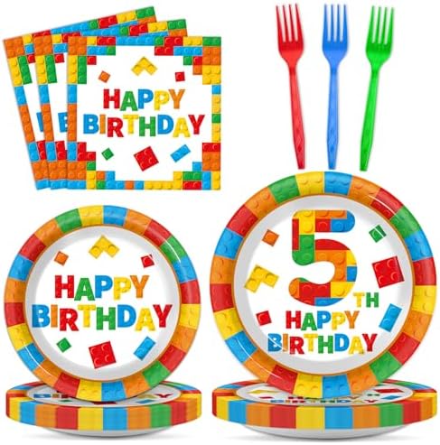 96 Pcs Building Blocks 5th Birthday Paper Plates and Napkins Building Bricks 5th Happy Birthday Tableware Set Brick Theme Party Disposable Plates Set for Boys Kids 5 Years Old Party Decorations by Oitnlaughter