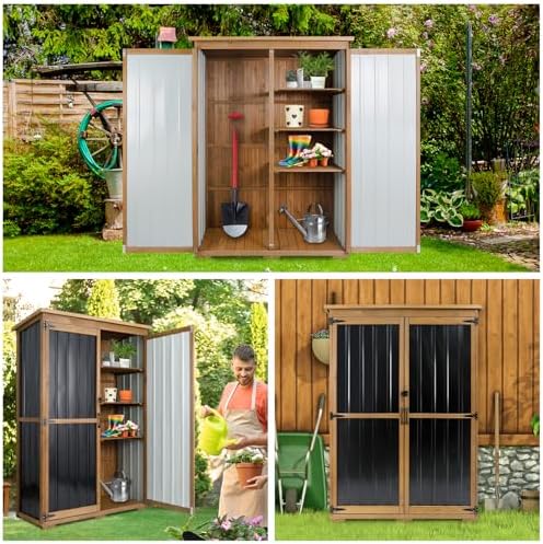 Outdoor Storage Cabinet Waterproof with Shelves, Outdoor Storage Shed Garage Cabinet Weatherproof, Wood & Metal Outside Patio Backyard Garden Pool Storage Tool Organizer - Image 2