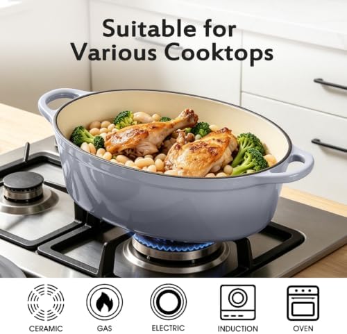 Enameled Oval Dutch Oven Pot with Lid, 7 QT Cast Iron Dutch Oven with Dual Handles for Cooking, Bread Baking, Frying, Non-stick Enamel Coated Oven (Grey) - Image 5