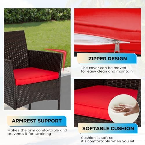 FDW 3-Piece Patio Furniture Set | Brown & Red | Outdoor Wicker Furniture - Image 4