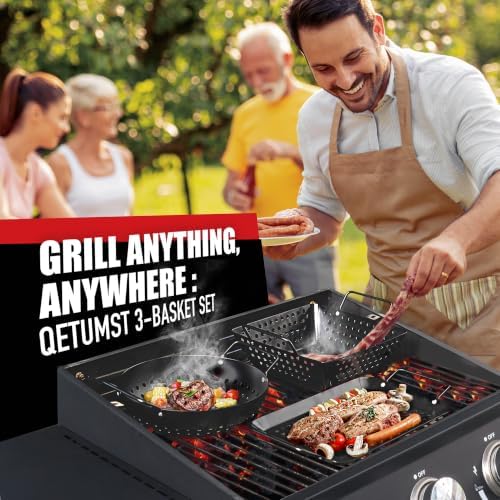 Qetumst Small Non-Stick 3 Piece Grill Basket Set – BBQ Grilling Basket for Vegetables, Seafood & Meat – Heavy Duty Perforated Grill Pan for Charcoal, Gas and Outdoor Grills, Easy to Clean Grilling Accessories - Image 7