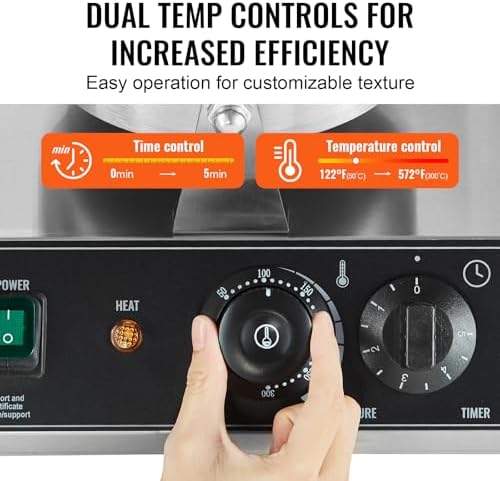 VEVOR Commercial Waffle Maker, Dual-Head Round Waffle Baker Machine, 2460W Non-Stick Stainless Steel Belgian Waffle Iron with Temp and Time Control, Handle, for Restaurant Bakery Snack Bar Family - Image 3