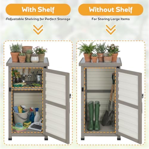 PetsCosset Small Outdoor Storage Cabinet, Wood & Plastic Potting Bench Table Tool Organizer for Patio Backyard Garden, Metal Top, Adjustable Shelf, Corner Storage for Narrow Spaces - Image 4
