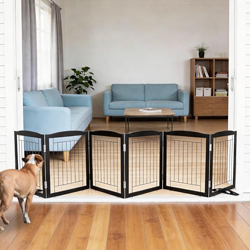ZJSF Freestanding Dog Fence Indoor, Foldable Dog Gate for Doorways, Stairs or Hallways, Sturdy Wood Extra Wide Pet Gate with Support Feet for The House, Black, 24 "Height-6 Panels by ZJSF