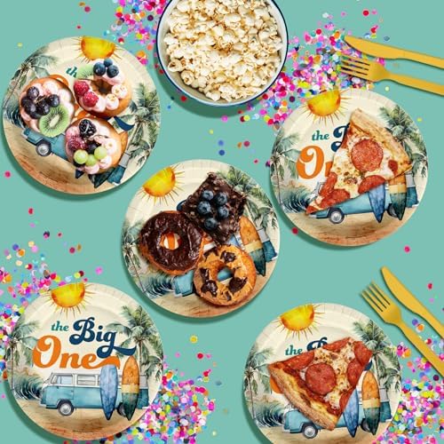 The Big One Surfer First Birthday - 32 Piece Disposable Party Supplies - Decorations for Surfing 1st Birthday Round Party Plates - Large 9" Paper Plates In Bulk - Image 4