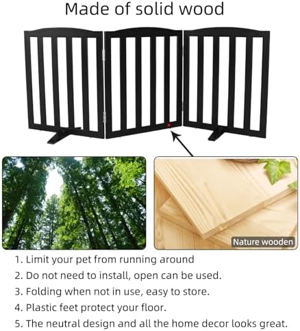 Freestanding Dog Gate Indoor,Doggie Gate Foldable Pet Gates for Doorways,Stairs or Hallways, Wooden Black Pet Gate for the House, Pet Fence with Support Feet Included,24 "Height-3 Panels - Image 6