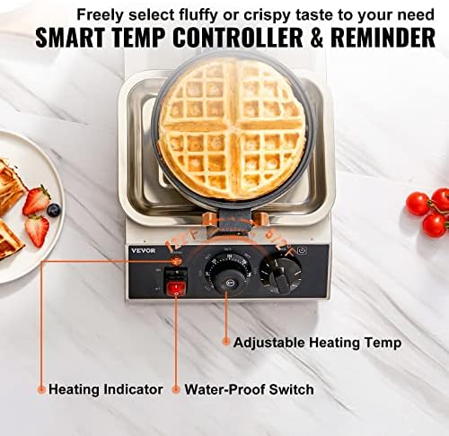 VEVOR Commercial Waffle Maker, 1300W Round Waffle Iron, Non-Stick Rotatable Waffle Baker Machine With 122-572℉ Temp Range and Time Control, Teflon-Coated Baking Pan Stainless Steel Body 110V - Image 3