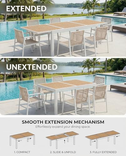 ZANDOR Expandable Outdoor Dining Set for 4-6-8,Patio Table and Chairs Set with Wood Top for Garden,Backyard,Porch,55"-82.7" Extendable Aluminum Outdoor Table Set with 8 Chairs,White - Image 2