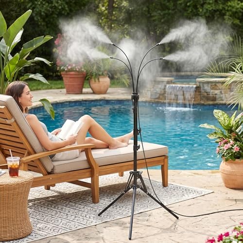 Gugxiom 5.3FT Standing Misters for Outside Patio, 26.5FT Water Supply Line & Adjustable Height & 5 Brass Nozzles, Portable Water Mister for Patio BBQ Pool by MakeLifeBetter