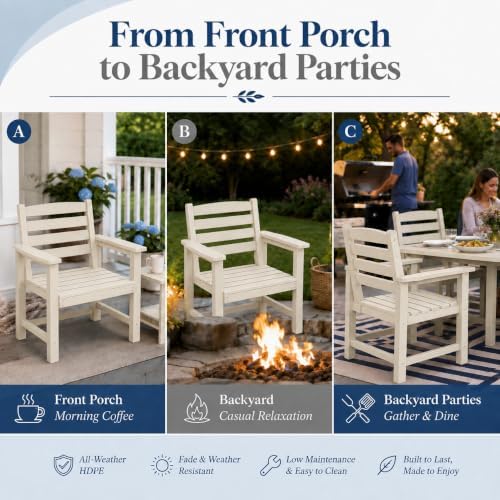 Patio Dining Chairs Set of 2, All-Weather HDPE Outdoor Dining Chair with High Back, Stackable Heavy Duty 400 lbs Lawn Armchair for Backyard Deck Porch Table, White - Image 5
