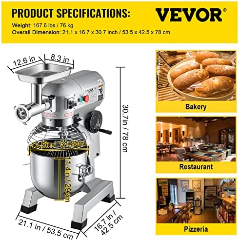 VEVOR Commercial Stand Mixer, 20Qt Stainless Steel Bowl, 1100W 2 in 1 Multifunctional Electric Food Mixer with Meat Grinder & 3 Speeds, Dough Hook Whisk Beater Included, Perfect for Bakery Pizzeria - Image 7