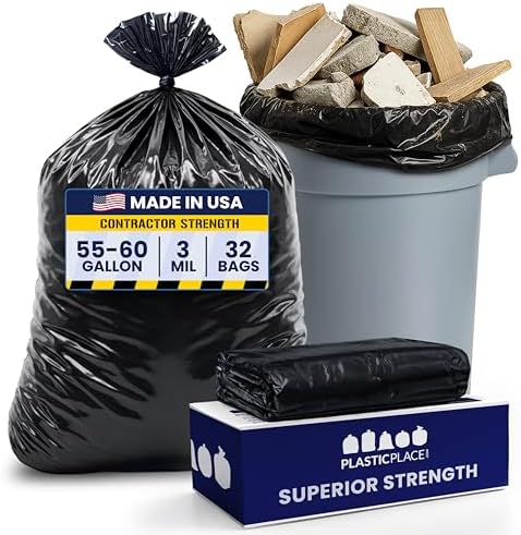 Plasticplace Contractor Trash Bags 55-60 Gallon │ 3.0 Mil │ Black Heavy Duty Garbage Bag │ 38” x 58” (32 Count) by Plasticplace