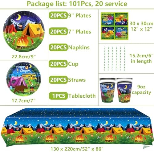Camping Party Supplies - Camping Party Tableware - Dinner Plates Desserts Plates Cups Napkins Tablecover Straws for Boy Camper Campfire Forest Picnic Adventure Party Supplies, Serves 20 (20) - Image 2