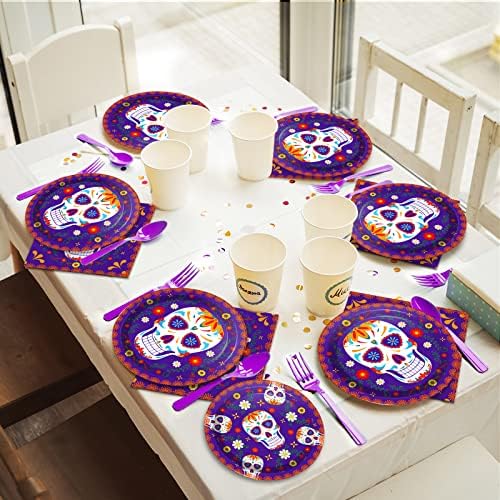 96 Pcs Day of The Dead Tableware Set Colorful Skull Marigold Decors Mexican Fiesta Theme Party Dessert Plates Napkins Forks for Day of The Dead Party 24 Guests - Image 6