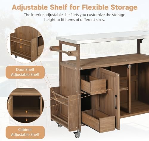 Christopher Knight Home Edsel Outdoor Bar Cart with Stainless Steel Top and Lockable Wheels, Solid Wood Outdoor Storage Cabinet, Kitchen Island Serving Cart for Poolside, Garden, Natural Brown+Silver - Image 5
