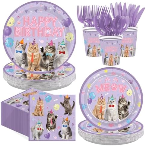 168 Pcs Purple Cat Birthday Party Decorations,Serves 24 by Greencian