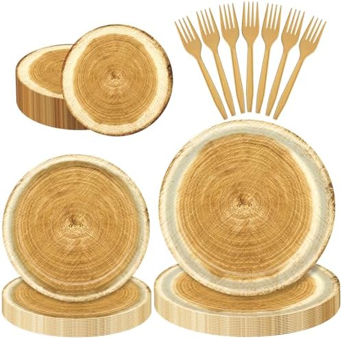 96 Pieces Rustic Wood Grain Tableware Set – Disposable Plates, Napkins, and Forks for Woodland Parties, Rustic Weddings, Camping, BBQs, and Baby Showers – Serves 24 Guests by Herytem