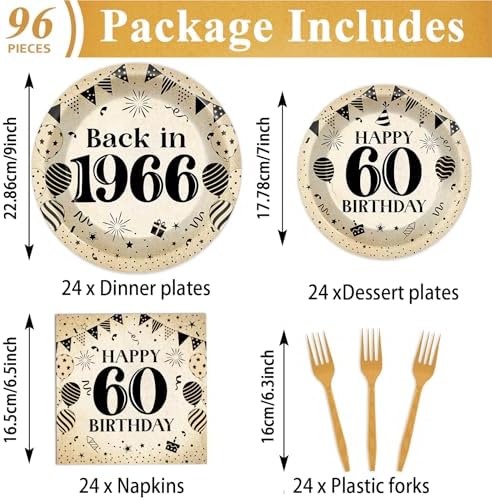96Pcs 60th Birthday Party Paper Plates and Napkins for Back in 1966 Themed Party Supplies Vintage 60 Year Old Dessert Plates 60th Tableware for Men Women Birthday Gatherings Decorations - Image 2