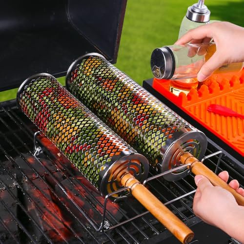 Rolling Grill Baskets (2PCS), Removable Wooden Handle, 304 Stainless Steel, Nesting Grilling Net, BBQ Accessories Tools for Vegetable Shrimp, Outdoor Cooking Camping, Birthday Gifts for Men/Dad/Husband (Perforated BBQ Cylinder Set (2 Pcs)) by OUTDOORSPORTS