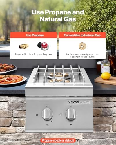 VEVOR Double Grilling Side Burners, 2 x 15,000BTU Liquid Propane Side Burner for Outdoor Kitchen, Convertible to Natural Gas, 304 Stainless Steel Built-in Double Grill Burners for BBQ Grill Island - Image 3