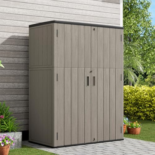 KINYING Outdoor Vertical Storage Shed,57 Cu.ft Outdoor Storage Cabinet Waterproof,Resin Sheds & Outdoor Storage Clearance for Garden,Patio,Backyard,Lockable (Brown) - Image 2
