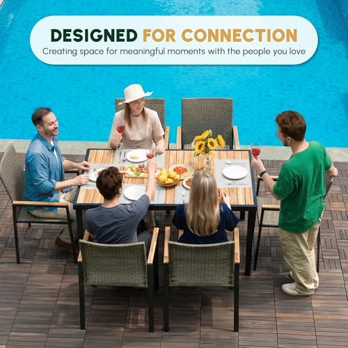 7-Piece Patio Dining Set for 6, Outdoor Dining Set with Wicker Patio Dining Chairs with Acacia Wood Dining Table with 1.75”Umbrella Hole, Brown Grey - Image 6