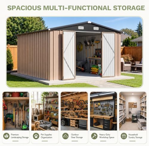 Aoxun 10x12 FT Outdoor Storage Shed with Lockable Double Door, Light Brown - Image 4