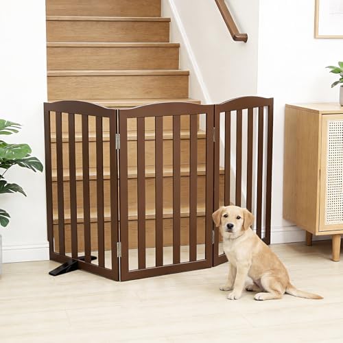 Freestanding Dog Gate Indoor,Doggie Gate Foldable Pet Gates for Doorways,Stairs or Hallways, Wooden Brown Pet Gate for the House, Pet Fence with Support Feet Included,24 "Height-3 Panels - Image 2