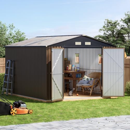 Upgrade 10x12 FT Outdoor Metal Storage Shed with Floor Frame, Double Swing Doors, 2 Clear Windows, Replaceable Skylight Roof Panel, Tool Shed for Garden, Patio, Backyard Brown by Unknown