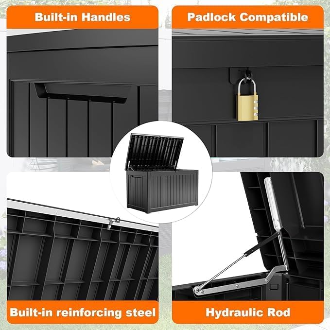 PatioZen 280 Gallon Outdoor Deck Box,Waterproof Resin Outdoor Storage Boxes, Outside Storage Lockable Container for Garden Tools,Indooor Cushions,Accessories (Black) - Image 4
