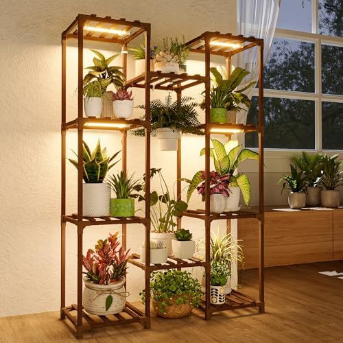 Bamworld Plant Stand with Grow Light Plant Shelf for Mutiple Pots Large Plant Holder for Living Room Patio Boho Home Decor for Gardening Warm Light by Bamworld