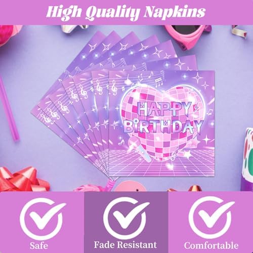 Pink and Purple Party Decorations, 96PCS Magical Music Theme Paper Plates and Napkins Decorations, Cute Singer Happy Birthday Forks Decor Supplies Serve 24 - Image 3