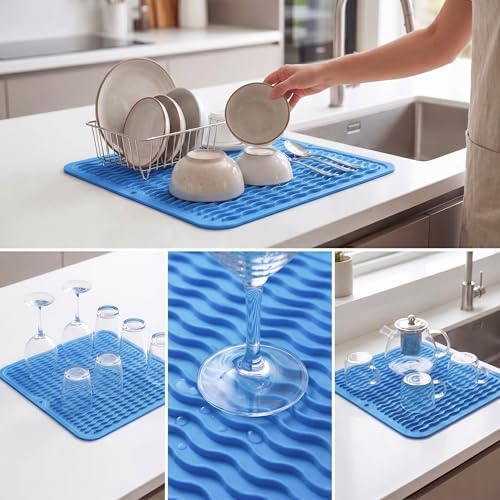 MicoYang Silicone Dish Drying Mat for Multiple Usage,Easy clean,Eco-friendly,Heat-resistant Silicone Mat for Kitchen Counter or Sink,Refrigerator or Drawer liner Lichen BlueL M 12 inches x 12 inches - Image 5