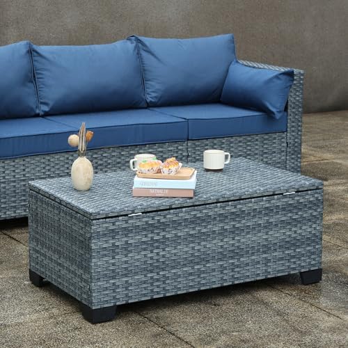 Outdoor Storage Table Wicker Patio Coffee Table All-Weather Rattan Side Table with Waterproof Cover, Grey - Image 2