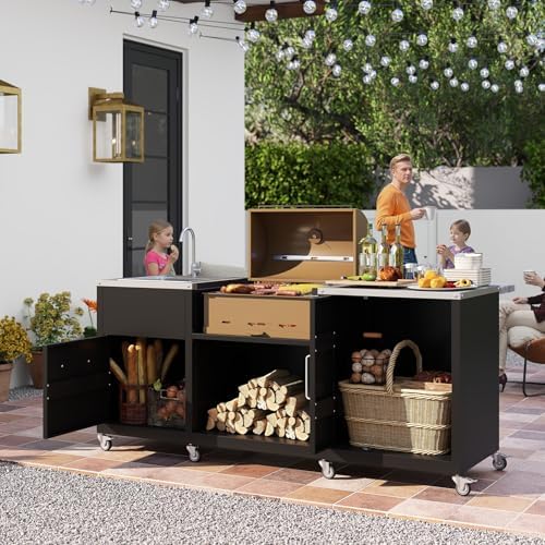 Happygrill 80” Outdoor Grill Table with Sink & Drainage, Wheels - Image 2