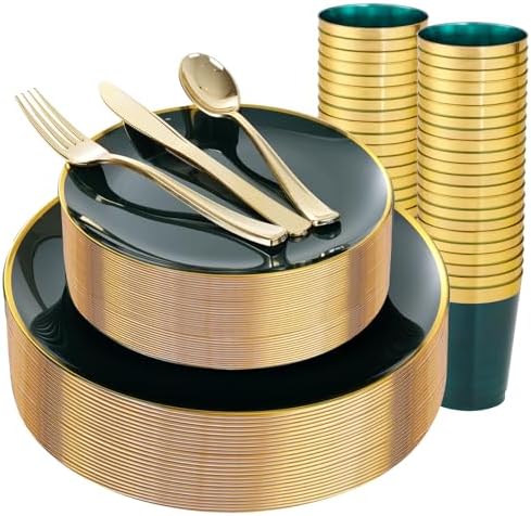 LIYH 180Pcs Green Plastic Plates, Gold Silverware Dinnerware Sets For Party by LIYHLoveinyourheart