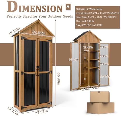 Outdoor Storage Cabinet Waterproof, Outdoor Storage Shed with Shelves, Wood & Metal Patio Backyard Garden Storage Cabinet Tool Organizer for Outside - Image 2