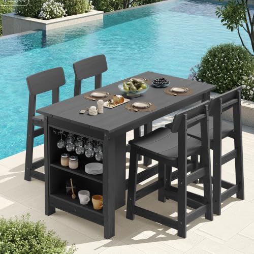 SERWALL 5-Piece Outdoor HDPE Counter-Height Bar Set with 4 Stools, Gray by SERWALL
