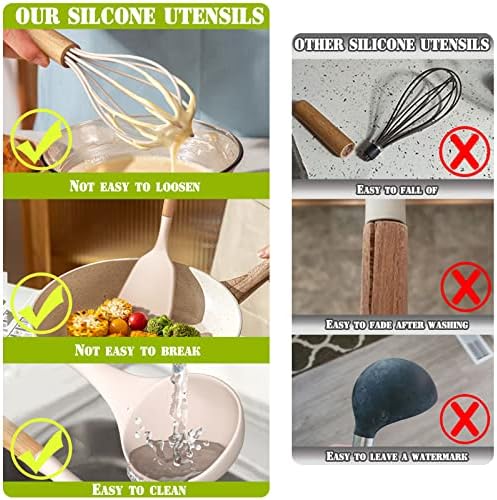 Umite Chef 36pcs Silicone Kitchen Cooking Utensils with Holder, Heat Resistant Cooking Utensils Sets Wooden Handle, Khaki Nonstick Kitchen Gadgets Tools Include Spatula Spoons Turner Pizza Cutter - Image 4