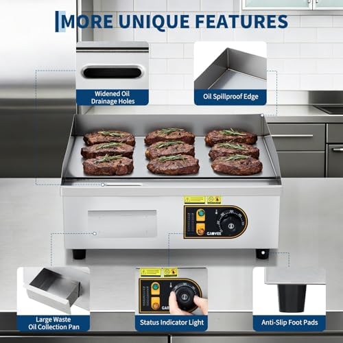 Garvee 18in Commercial Electric Flat Top Griddle Non-Stick for Breakfast Bars, Countertop Flat Top Grill with 2 Shovels and 2 Brushes for Roadside Stands, 122℉-572 ℉ Adjustable Temp - Image 4